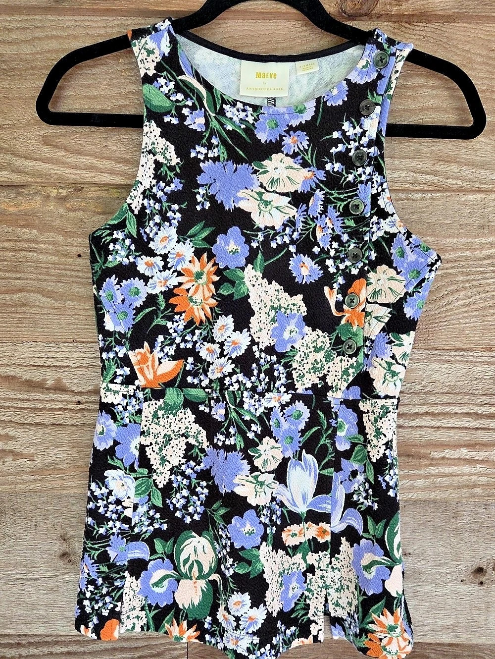 Maeve Floral Sleeveless Top in Black & Purple Size XS